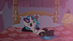 Size: 1920x1080 | Tagged: safe, artist:epicheavytf2, artist:pyrogaming, derpibooru import, dj pon-3, vinyl scratch, pony, unicorn, g4, bed, bedroom, bedroom eyes, bedsheets, canopy bed, clothes, curtains, female, glasses, gloves, heart, heart eyes, horn, interior, lamp, latex, looking at you, lust, lying down, mare, night, open mouth, pillow, sexy, smiling, solo, sultry pose, underlust, vinyl's glasses, waiting, wingding eyes