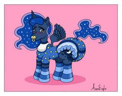 Size: 2273x1787 | Tagged: safe, artist:aquaeagle, derpibooru import, princess luna, alicorn, pony, g4, adult foal, blushing, clothes, diaper, diaper fetish, embarrassed, fetish, impossibly large diaper, looking back, non-baby in diaper, onesie, pacifier, poofy diaper, red background, simple background, socks, solo, striped socks