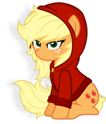 Size: 2000x2342 | Tagged: safe, artist:godoffury, derpibooru import, applejack, earth pony, pony, g4, clothes, female, freckles, high res, hoodie, loose hair, mare, messy mane, simple background, sitting, solo, transparent background, vector