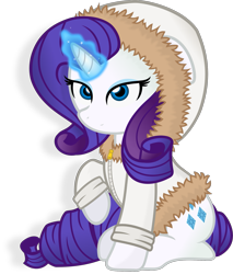 Size: 1573x1850 | Tagged: safe, artist:godoffury, derpibooru import, rarity, pony, unicorn, g4, clothes, eyeshadow, female, glowing, glowing horn, hoodie, horn, jacket, magic, magic aura, makeup, mare, parka, raised hoof, raised leg, simple background, sitting, solo, transparent background, winter outfit