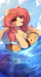 Size: 1900x3500 | Tagged: safe, artist:anku, derpibooru import, oc, oc only, oc:selya t'dark, bee, insect, pegasus, pony, cloud, female, floaty, inner tube, looking at you, mare, ocean, open mouth, open smile, outdoors, partially submerged, pool toy, red mane, sky, smiling, smiling at you, solo, swimming, water, wings