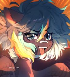 Size: 2345x2583 | Tagged: safe, artist:tyutya, derpibooru import, oc, oc only, pegasus, pony, abstract background, band-aid, band-aid on nose, bandaid, bandaid on nose, ear fluff, ears, fangs, female, hairclip, looking at you, mare, solo, tongue, tongue out, wings