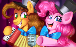 Size: 2947x1832 | Tagged: safe, artist:pozya1007, derpibooru import, cheese sandwich, pinkie pie, earth pony, pony, g4, pinkie pride, accordion, bowtie, complex background, cute, duo, duo male and female, ear fluff, ears, female, grin, hat, looking at you, male, mare, microphone, musical instrument, my little pony: friendship is magic, open mouth, open smile, redraw, smiling, stallion, underhoof