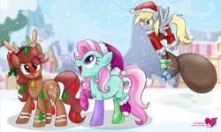 Size: 2773x1668 | Tagged: safe, artist:czscribbles, derpibooru import, derpy hooves, minty, oc, deer, earth pony, pegasus, pony, reindeer, g3, g4, :p, antlers, bell, bell collar, candy, candy cane, christmas, christmas lights, clothes, collar, costume, cute, derpabetes, earth pony oc, eye clipping through hair, fake antlers, female, flying, food, hat, holiday, holly, looking at you, mare, mintybetes, mismatched socks, open mouth, open smile, outdoors, ponyville, present, red nose, reindeer antlers, santa costume, santa hat, santa sack, smiling, snow, socks, spread wings, tongue, tongue out, trio, watermark, wings