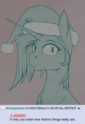 Size: 691x996 | Tagged: safe, artist:stray prey, derpibooru import, oc, oc only, oc:acidia, pony, unicorn, 4chan, christmas, hat, holiday, horn, santa hat, solo, unicorn oc