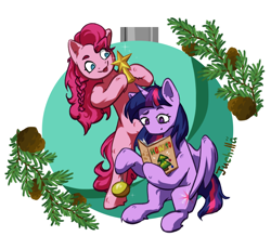 Size: 1760x1620 | Tagged: safe, artist:ju4111a, derpibooru import, pinkie pie, twilight sparkle, twilight sparkle (alicorn), alicorn, earth pony, pony, g4, alicorn wings, bipedal, book, christmas, christmas ornament, decoration, duo, duo female, eyebrows, female, holding, holiday, horn, looking at each other, looking at someone, looking at something, mare, pine tree, raised eyebrow, raised hoof, raised leg, simple background, sitting, smiling, smiling at someone, sparkles, stars, toy, tree, tree branch, wings