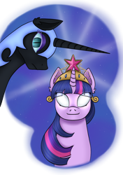 Size: 2048x2905 | Tagged: safe, artist:theedgyduck, derpibooru import, part of a series, part of a set, nightmare moon, twilight sparkle, unicorn twilight, alicorn, unicorn, series:leechlord draws every episode, friendship is magic, g4, armor, big crown thingy, colored eyelashes, crown, element of magic, ethereal mane, female, glowing, glowing eyes, helmet, horn, jewelry, mare, my little pony: friendship is magic, partially transparent background, regalia, slit eyes, twilight sparkle glowing eyes, white eyes