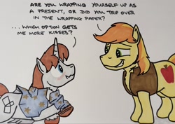 Size: 2048x1450 | Tagged: safe, artist:hoofclid, derpibooru import, braeburn, oc, oc:hoofclid, earth pony, pony, unicorn, g4, blushing, canon x oc, christmas, dialogue, duo, duo male, gay, grin, holiday, horn, lidded eyes, looking at each other, looking at someone, male, marker drawing, smiling, stallion, traditional art, wavy mouth, wrapping paper