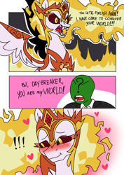 Size: 640x906 | Tagged: safe, artist:anonymous, derpibooru import, daybreaker, oc, oc:anon, alicorn, human, pony, g4, 3 panel comic, :t, bashful, blushing, colored, comic, cute, dialogue, drawthread, exclamation point, fangs, heart, human oc, ponified, ponified manga, requested art, species swap