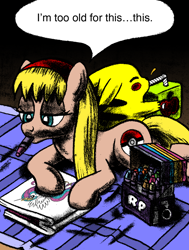 Size: 700x927 | Tagged: safe, artist:mod wit, derpibooru import, princess celestia, oc, pikachu, g4, anagram, apple juice, askbananaswit, blanket, coloring, coloring book, crayon, crayon box, drink, drinking, drinking straw, fed up, juice, juice box, lying down, mouth hold, pokémon, prone, rainbow power, straw