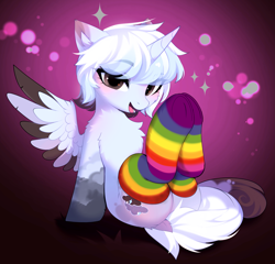 Size: 3527x3385 | Tagged: safe, alternate version, artist:empress-twilight, derpibooru import, oc, oc only, oc:stormy skies, alicorn, pony, alicorn oc, blushing, brown eyes, bushy tail, butt fluff, cheek fluff, chest fluff, clothes, coat markings, colored eartips, colored wings, colored wingtips, commission, dock, dock fluff, ear fluff, ears, eye clipping through hair, eyebrows, eyebrows visible through hair, eyelashes, feathered wings, female, floppy ears, gradient background, high res, horn, leg markings, long tail, looking at you, mare, multicolored tail, one wing out, open mouth, open smile, rainbow socks, raised leg, short mane, shoulder fluff, sitting, smiling, smiling at you, socks, solo, sparkles, striped socks, tail, thick eyelashes, thin, three toned wings, two toned mane, two toned wingtips, underhoof, unicorn horn, white coat, white mane, white tail, wings, ych result