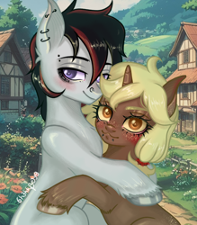 Size: 2448x2800 | Tagged: safe, artist:6hellboy9, derpibooru import, oc, oc only, oc:diego, oc:kesha, earth pony, unicorn, duo, earth pony oc, horn, love, oc duo, piercing, unicorn oc