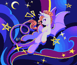 Size: 2176x1840 | Tagged: safe, artist:danvo, derpibooru import, oc, oc only, oc:alruna moonrise, bat pony, pony, abstract background, digital art, dithering, moon, pixel art, stars