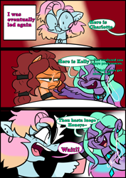 Size: 1240x1754 | Tagged: safe, artist:jully-park, derpibooru import, oc, oc:charlotte parker, oc:ella evans, oc:kelly clark, earth pony, pegasus, pony, comic:how i meet my chaotic friends, comic