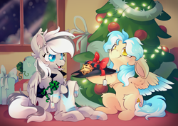 Size: 7157x5102 | Tagged: safe, artist:cutepencilcase, derpibooru import, oc, oc only, oc:lumin light, oc:silver edge, hybrid, pegabat, pegasus, beige coat, best friends, big ears, blue eyes, blue hair, blue mane, blue tail, blue wings, christmas, christmas decoration, christmas lights, christmas ornament, christmas tree, closed mouth, clothes, colored wings, cowboy, cowboy hat, cute, decoration, duo, ears, eyes open, floppy ears, folded wings, gift exchange, golden eyes, gray coat, gray mane, gray tail, grey hair, hat, holiday, light blue hair, light blue mane, light blue tail, light blue wings, looking at each other, looking at someone, male, multicolored coat, multicolored eyes, multicolored hair, multicolored mane, multicolored tail, multicolored wings, name tag, open mouth, pegasus oc, present, sheriff, sheriff badge, sheriff's badge, sitting, slight smile, smiling, smiling at each other, spread wings, stallion, starry eyes, tail, teeth, tree, uniform, white hair, white mane, white tail, white wings, wholesome, window, wingding eyes, wings, wonderbolts uniform