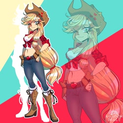 Size: 2048x2048 | Tagged: safe, artist:rainbowbeastart, derpibooru import, applejack, human, g4, applejack's hat, belly, belly button, belt, boots, breasts, cleavage, clothes, cowboy hat, denim, eared humanization, female, fingerless gloves, front knot midriff, gloves, hat, high res, humanized, jeans, looking at you, midriff, multicolored background, one eye closed, pants, screentone, shirt, shoes, smiling, smiling at you, solo, tied hair, watermark, wink, winking at you