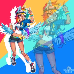 Size: 2048x2048 | Tagged: safe, artist:rainbowbeastart, derpibooru import, rainbow dash, human, g4, band-aid, belt, clothes, colored eyebrows, cut, denim, denim shorts, ear piercing, eared humanization, female, goggles, goggles on head, high res, humanized, jacket, midriff, multicolored background, piercing, rainbow wristband, screentone, shirt, shoes, shorts, smiling, socks, solo, watermark, winged humanization, winged shoes, wings, wristband