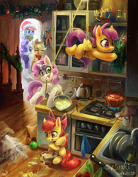 Size: 5000x6400 | Tagged: safe, artist:flvski, derpibooru import, apple bloom, applejack, rainbow dash, rarity, scootaloo, sweetie belle, earth pony, pegasus, pony, unicorn, g4, apple, bowl, christmas, christmas wreath, cutie mark crusaders, female, flour, food, hearth's warming, hearth's warming eve, holiday, horn, kitchen, moments before disaster, rope, siblings, sink, sisters, stove, this will end in tears and/or death and/or covered in tree sap, wreath