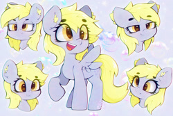 Size: 3375x2250 | Tagged: safe, artist:zokkili, derpibooru import, derpy hooves, pegasus, pony, g4, :3, beanbrows, cute, derp, derpabetes, ear fluff, ears, eye clipping through hair, eyebrows, eyebrows visible through hair, female, high res, mare, open mouth, open smile, raised hoof, raised leg, smiling, solo, spread wings, wings