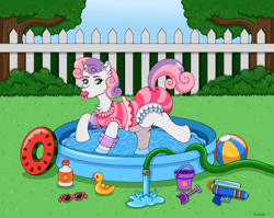 Size: 2700x2149 | Tagged: safe, artist:aquaeagle, derpibooru import, sweetie belle, pony, unicorn, g4, abdl, armband, background, beach ball, blue sky, bucket, bush, clean diaper, clothes, diaper, diaper bulge, diaper butt, diaper fetish, diaper under clothes, diapered, female, fence, fetish, filly, foal, frills, frilly, frilly diaper, frilly underwear, grass, green eyes, horn, hose, inflatable, multicolored hair, multicolored mane, non-baby in diaper, one-piece swimsuit, pacifier, pink hair, pink mane, pink swimsuit, pink tail, playing, pool toy, purple hair, purple mane, purple tail, rubber duck, shovel, sky, solo, spade, striped mane, striped swimsuit, striped tail, sunglasses, sunscreen, swimming, swimming pool, swimsuit, tail, tail hole, tree, underwear, water, watergun, white body, white coat, white diaper, white fur