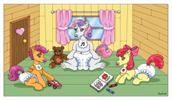 Size: 3487x2031 | Tagged: safe, artist:aquaeagle, derpibooru import, apple bloom, scootaloo, sweetie belle, earth pony, pegasus, pony, unicorn, g4, abdl, age regression, bib, clean diaper, clubhouse, coloring book, crayon, crayon drawing, crusaders clubhouse, curtains, cutie mark crusaders, diaper, diaper bulge, diaper butt, diaper fetish, diapered, door, eyelashes, female, fetish, filly, foal, golden eyes, horn, multicolored hair, multicolored mane, multiple characters, non-baby in diaper, orange body, orange coat, orange fur, pacifier, pampers, pink hair, pink mane, pink tail, play date, playing, plushie, purple eyes, purple hair, purple mane, purple tail, solo focus, striped hair, tail, teddy bear, toy, toy car, traditional art, white body, white coat, white diaper, white fur, window, wings, wooden floor, wooden walls, yellow body, yellow coat, yellow fur, younger