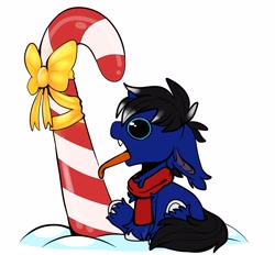 Size: 3650x3394 | Tagged: safe, artist:diethtwoo, derpibooru import, oc, oc:night reader, bat pony, hybrid, unicorn, bat pony oc, bow, candy, candy cane, clothes, commission, fangs, food, horn, hybrid oc, scarf, silly, tongue, tongue out, tongue stuck, tongue stuck to pole, unicorn oc, ych result