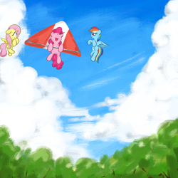 Size: 3000x3000 | Tagged: safe, artist:widelake, derpibooru import, fluttershy, pinkie pie, rainbow dash, earth pony, pegasus, pony, g4, cloud, female, forest, glider, nature, open mouth, open smile, sky, sky background, smiling, tree, trio, trio female, wings