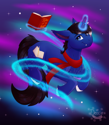 Size: 3500x4000 | Tagged: safe, artist:decemberbreeze, derpibooru import, oc, oc:night reader, bat pony, hybrid, unicorn, bat pony oc, bat pony unicorn, book, chest fluff, clothes, commission, fangs, horn, hybrid oc, magic, male, scarf, solo, unicorn oc