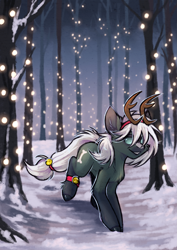 Size: 2893x4092 | Tagged: safe, artist:lonerdemiurge_nail, derpibooru import, oc, earth pony, pony, christmas, deer horns, forest, holiday, my little pony, nature, new year, snow, snowfall, solo, tree, winter