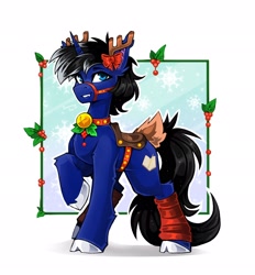 Size: 1900x2048 | Tagged: safe, artist:buvanybu, derpibooru import, oc, oc:night reader, bat pony, deer, hybrid, reindeer, unicorn, bat pony oc, bell, bell collar, christmas, collar, commission, holiday, horn, horns, hybrid oc, saddle, tack, unicorn oc, ych result