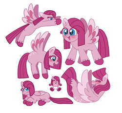 Size: 962x894 | Tagged: safe, artist:tabbi, derpibooru import, pinkie pie, pegasus, pony, g4, colored eartips, cute, diaper, female, filly, flying, foal, folded wings, my little pony: friendship is magic, pinkamena diane pie, poses, race swap, simple background, smiling, solo, spread wings, white background, wings