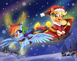 Size: 2048x1641 | Tagged: safe, artist:galaxy swirl, derpibooru import, applejack, rainbow dash, earth pony, pegasus, pony, g4, animal costume, antlers, christmas, clothes, costume, cute, duo, female, flying, grin, hat, holiday, looking at each other, looking at someone, mare, my little pony: friendship is magic, night, one eye closed, open mouth, reindeer antlers, reindeer costume, santa costume, santa hat, sleigh, smiling, snow, snowfall, spread wings, wings, wink