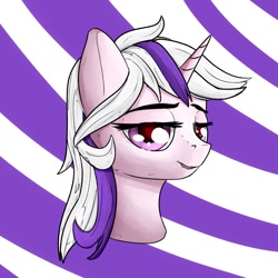 Size: 1280x1280 | Tagged: safe, artist:uteuk, derpibooru import, twilight, pony, unicorn, g1, bust, female, heart, heart eyes, horn, lip bite, looking at you, old art, portrait, striped background, wingding eyes