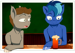 Size: 6879x4880 | Tagged: safe, artist:bluishdraft, derpibooru import, oc, oc only, oc:blueprint, oc:devin, bat pony, pegasus, pony, alcohol, beer, book reference, crossover, duo, duo male, friends, herge, male, meme, passepartout, reference, simple background, simple shading, sitting, stallion, the adventures of tintin, tintin, wingless