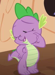 Size: 489x665 | Tagged: safe, derpibooru import, screencap, spike, dragon, g4, it's about time, season 2, cropped, cute, eyes closed, golden oaks library, male, my little pony: friendship is magic, solo, spikabetes, wingless spike