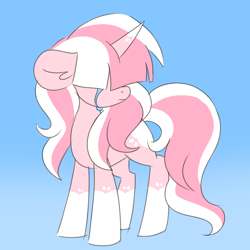 Size: 2000x2000 | Tagged: safe, artist:ladylullabystar, derpibooru import, oc, oc:lady lullaby star, pony, unicorn, blue background, crying, female, hair over eyes, horn, mare, simple background, solo