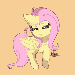 Size: 4200x4200 | Tagged: safe, artist:_inlaru_, artist:inlaru, derpibooru import, fluttershy, pegasus, pony, g4, absurd resolution, chibi, colored, cute, digital art, eyes closed, feather, female, flat colors, full color, happy, hat, mare, pegasus wings, simple background, solo, wings