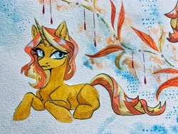 Size: 4032x3024 | Tagged: safe, artist:jsunlight, derpibooru import, sunset shimmer, pony, unicorn, g4, female, horn, lying down, mare, missing cutie mark, prone, solo, traditional art, watercolor painting