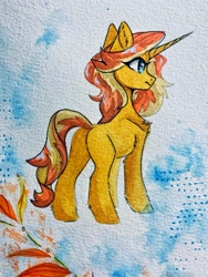 Size: 3024x4032 | Tagged: safe, artist:jsunlight, derpibooru import, sunset shimmer, pony, unicorn, g4, butt, chest fluff, female, horn, mare, missing cutie mark, plot, solo, traditional art, watercolor painting