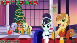 Size: 2064x1164 | Tagged: safe, anonymous artist, artist:cloudy glow, derpibooru import, coloratura, dear darling, feather bangs, fond feather, swoon song, earth pony, pegasus, unicorn, g4, 2024, all i want for christmas is you, ballroom, bimbettes, canterlot, christmas, clothes, colorabangs, december, dress, duet, duo, female, flower, flower in hair, friends, friendship, happy holidays, hearth's warming, holiday, holly, horn, kiss mark, levitation, lipstick, lyrics in the description, magic, magic aura, male, mare, microphone, mistletoe, shipper on deck, shipping, singing, smiling, song in the description, song reference, stallion, straight, telekinesis, trio, winter, youtube link in the description