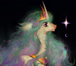 Size: 5916x5136 | Tagged: safe, artist:blavatflowers, derpibooru import, princess celestia, alicorn, pony, g4, absurd resolution, bust, curved horn, female, fluffy, horn, jewelry, mare, profile, regalia, solo