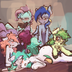 Size: 3000x3000 | Tagged: safe, artist:ruby, derpibooru import, oc, oc:asha, oc:fuzz, oc:rhythm fruit, oc:ruby, deer, pegasus, pony, unicorn, blushing, book, group, high res, horn, ox only, pony pile, sleeping