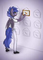 Size: 3866x5416 | Tagged: safe, artist:tarhoon sunflare, derpibooru import, oc, oc only, oc:pixi feather, anthro, pegasus, plantigrade anthro, black socks, clothes, feather, female, picture, picture frame, room, simple background, socks, solo, wings