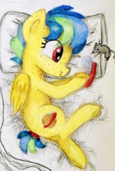 Size: 1000x1490 | Tagged: safe, artist:chevaleto, derpibooru exclusive, derpibooru import, oc, oc only, oc:apogee, oc:houston, mouse, pegasus, pony, rat, bed, body freckles, colored pencil drawing, eye clipping through hair, female, filly, foal, freckles, game console, lying down, nintendo ds, on side, pillow, playing video games, traditional art