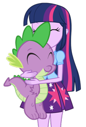 Size: 420x614 | Tagged: safe, artist:cwt10101, derpibooru import, spike, twilight sparkle, dragon, human, equestria girls, g4, adorkable, blouse, bowtie, dork, eyes closed, female, heartwarming, hug, simple background, skirt, transparent background