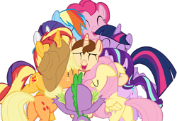 Size: 1306x899 | Tagged: safe, artist:bubbacheezit, derpibooru import, applejack, fluttershy, pinkie pie, rainbow dash, rarity, spike, starlight glimmer, sunset shimmer, twilight sparkle, twilight sparkle (alicorn), oc, oc:caleb, alicorn, dragon, earth pony, pegasus, pony, unicorn, g4, female, group hug, horn, hug, male, mane seven, mane six, simple background, transparent background