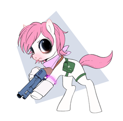 Size: 1456x1437 | Tagged: safe, artist:aztrial, derpibooru import, oc, oc only, earth pony, pony, bag, bags under eyes, clothes, dilated pupils, glow bracelets, gradient ears, gradient muzzle, gun, leg warmers, medical saddlebag, my putrid ponies, neckerchief, simple background, solo, weapon