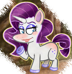 Size: 585x599 | Tagged: dead source, safe, artist:elerq, derpibooru import, rarity, pony, unicorn, g4, 2012, blushing, butt blush, ear blush, female, hooves, horn, human lips, lidded eyes, mare, raised hoof, raised leg, signature, smiling, solo, tail, underhoof