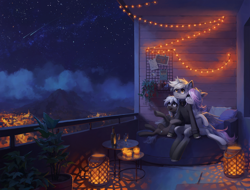 Size: 5250x4000 | Tagged: safe, artist:koviry, derpibooru import, oc, oc only, oc:comet falls, oc:gilded, oc:lilac breeze, pegasus, pony, unicorn, balcony, city, colored, detailed background, female, horn, lantern, male, mare, night, outdoors, pegasus oc, ponies sitting like humans, relaxing, scenery, shooting star, stallion, stars, string lights, trio, unicorn oc