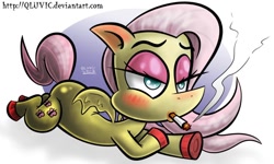 Size: 640x384 | Tagged: safe, artist:elerq, derpibooru import, fluttershy, pegasus, pony, g4, 2012, blushing, cigarette, colored hooves, female, hooves, lidded eyes, lying down, mare, prone, signature, smoke, smoking, solo, tail, underhoof, wings